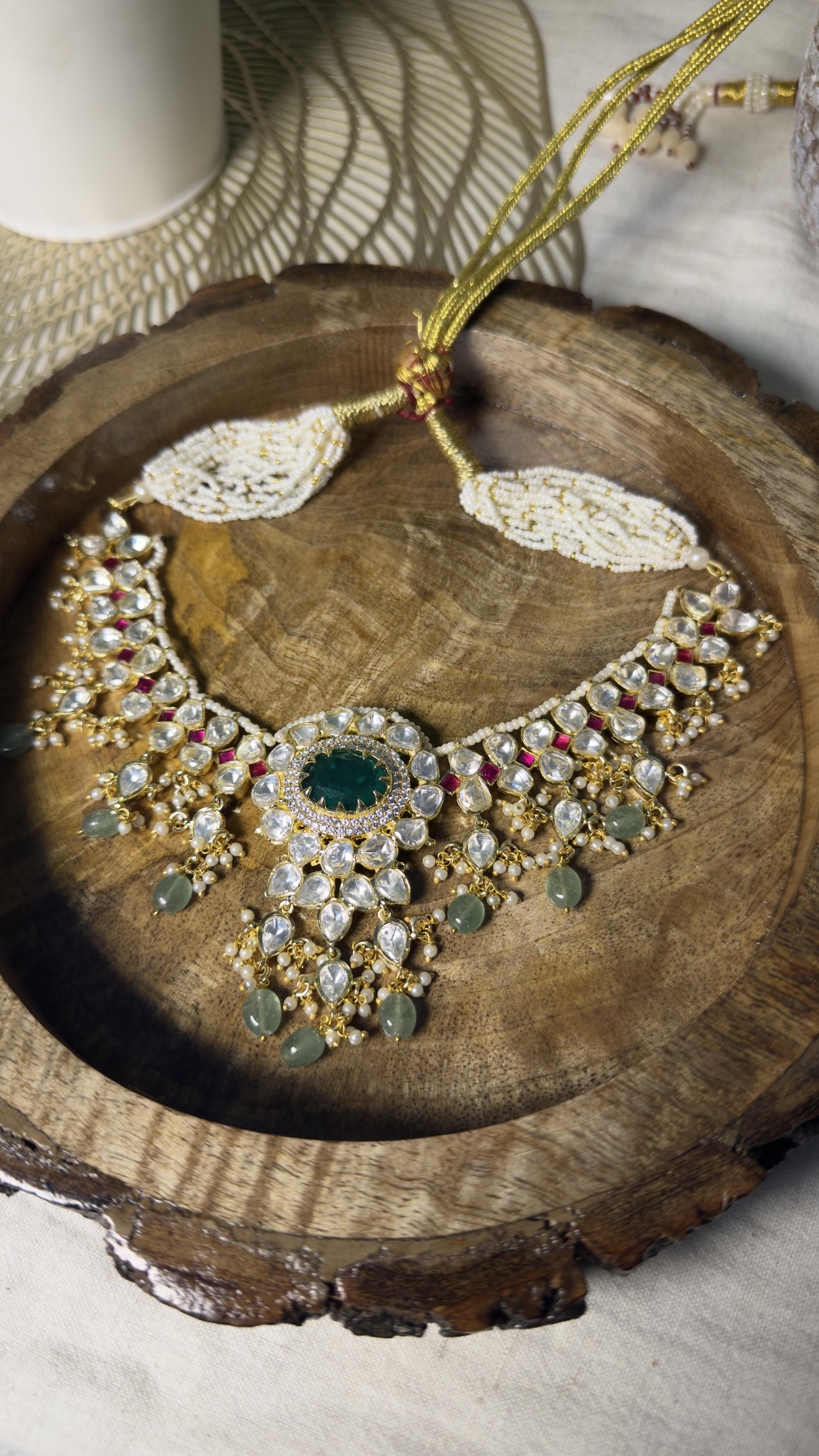 Samridhi Woven Pearl Bridal Necklace on wooden platter